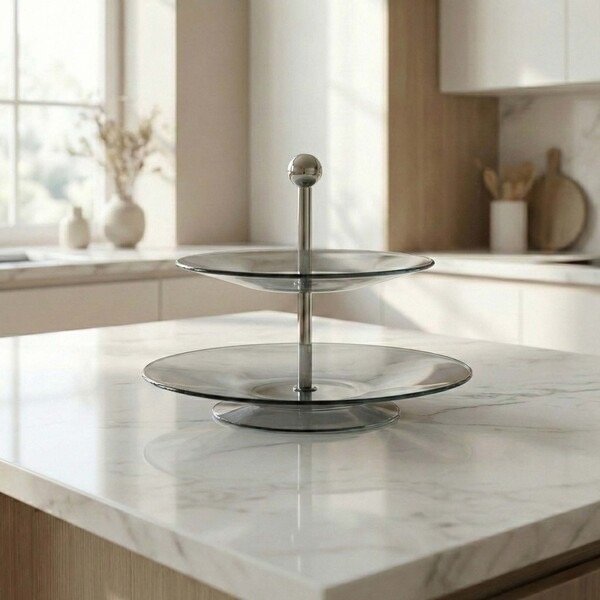 ⁦2-TIER GLASS FRUIT TRAY W/STAND-26.5/19.5X26CM⁩ - الصورة ⁦2⁩