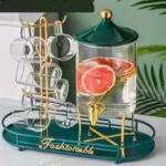 4PCS GLASS CERAMIC JUG WITH METAL TRAY GREEN 3.6L