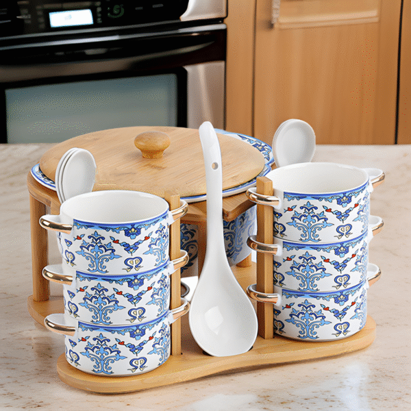 WOODEN+CERAMIC SOUP POT
W/BOWL & SPOON SET- 1.8L+250ML*6