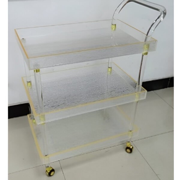 3 LAYER ACRYLIC TROLLEY -L65X40X93CM-CLEAR+GOLD RIM
