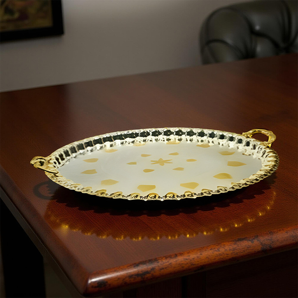 ⁦TRAY W/HANDLE SILVER+GOLD⁩ - الصورة ⁦1⁩