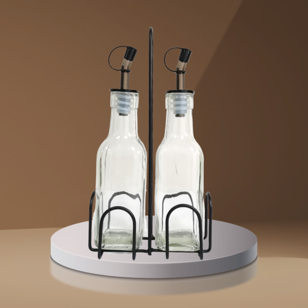 2PCS CLEAR GLASS BOTTLE W/BLACK HANDLE STAND