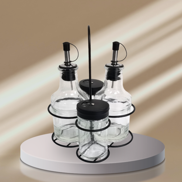 ⁦4 PCS GLASS OIL BOTTLE SET WITH STAND⁩ - الصورة ⁦1⁩