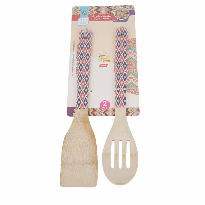 ⁦2-PIECE WOODEN UTENSIL SET WITH HR PATTERN⁩ - الصورة ⁦1⁩