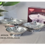 S/STEEL AFISTO DISH W/BASE & GLASS LID-26CM