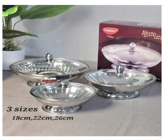 ⁦S/STEEL AFISTO DISH W/BASE & GLASS LID-26CM⁩ - الصورة ⁦1⁩