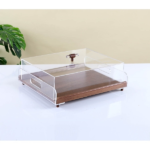 WOODEN CAKE TRAY W/ACRYLIC LID-38.5X34X12