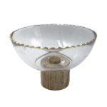 GLASS BOWL W/GOLD RIM & WOOD STAND -20X20X14.5CM