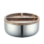 S/STEEL FRUIT BOWL W/WOOD TRAY COVER-22.5X10.2CM