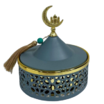 IRON CANDY BOWL W/LID-GOLD/CYAN-14X14X16CM