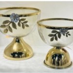 LEAF ROUND GLASS BOWL WITH METAL STAND