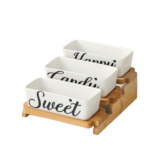 3PCS CERAMIC TRAY W/WOODEN BASE -21.6X28.3X10.2