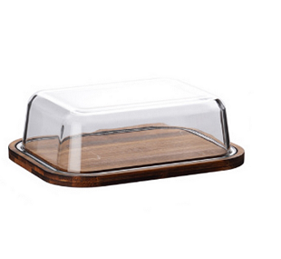 ⁦WOODEN CAKE TRAY W/GLASS COVER-23.8X18.4CM⁩ - الصورة ⁦1⁩
