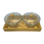 2 PCS ACRYLIC BOWL W/BAMBOO TRAY SET-22.5X12X9.5
