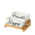 2PCS CERAMIC TRAY W/WOODEN BASE -21.6X19X8.5